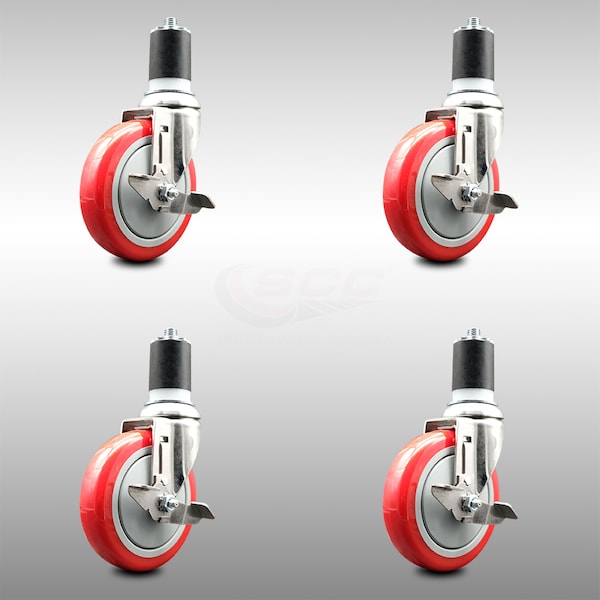 Service Caster 5 Inch 316SS Red Poly Swivel 1-3/4 Inch Expanding Stem Caster Set Brake SCC SCC-SS316EX20S514-PPUB-RED-TLB-134-4 - main